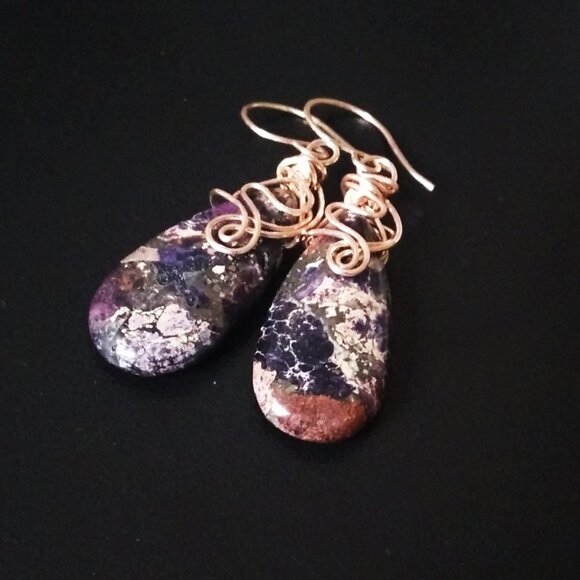 Wire Wrapped Beauties! Purple & Plum Sea Sediment Jasper Teardrop + Rose Gold - Picture 5 of 11